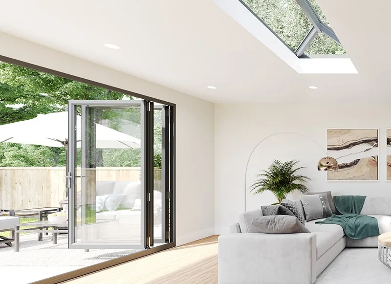 Contemporary extension with glass roof and bi-folds
